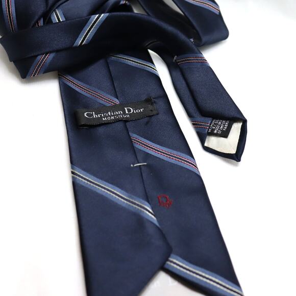 Vintage Christian Dior Monsieur Navy Stripe Silk Tie 3” Wide - Picture 3 of 3